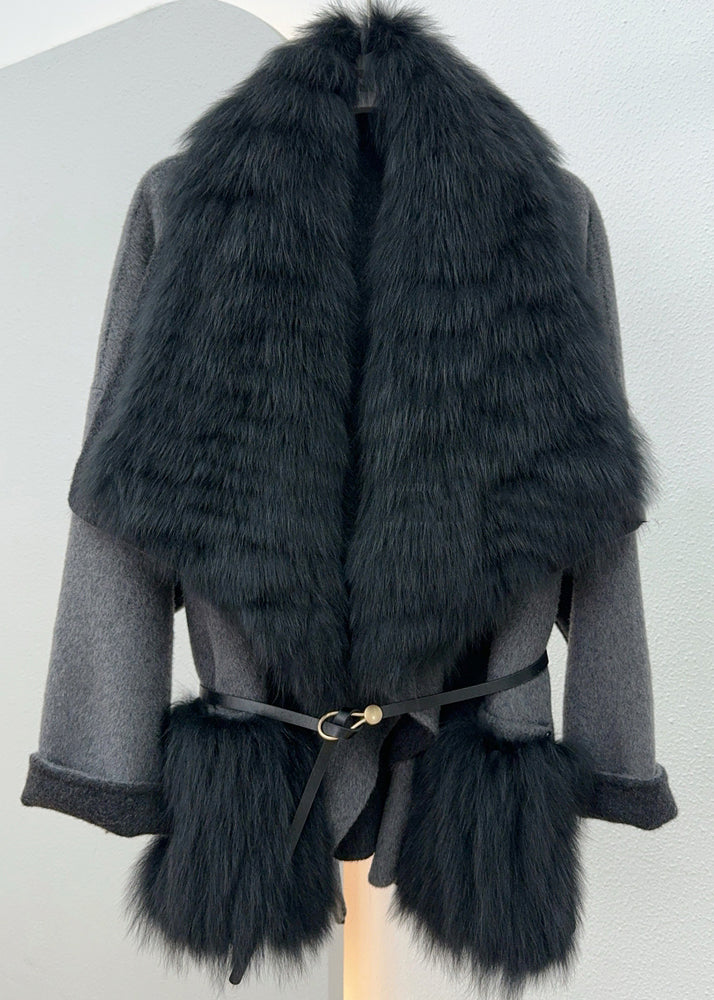Caramel Fox Collar Tie Waist Woolen Coats Spring