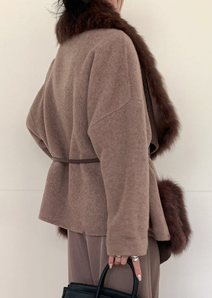 Caramel Fox Collar Tie Waist Woolen Coats Spring