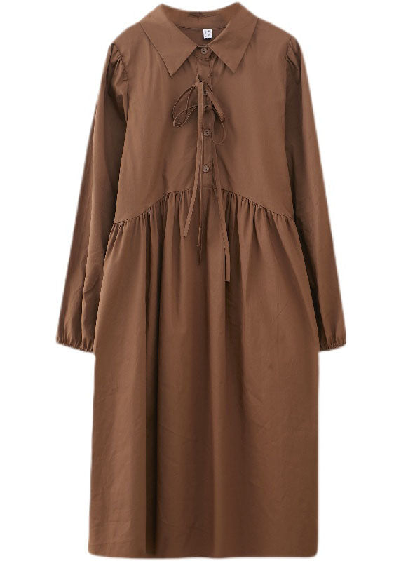 Caramel Peter Pan Collar Patchwork Button Fall Vacation Dresses Long Sleeve
