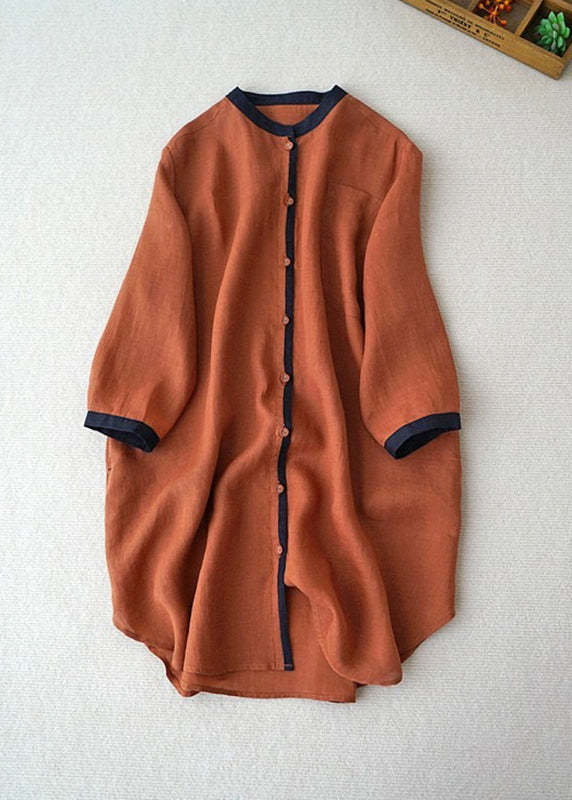 Caramel Stand Collar Button Linen Shirt Tops Bracelet Sleeve
