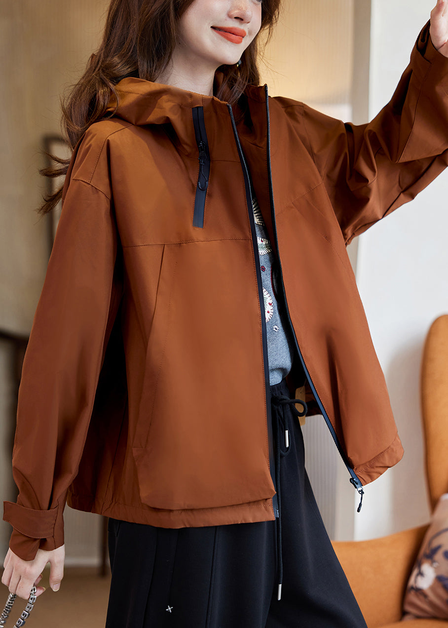 Caramel Zippered Patchwork Hooded Coats Fall