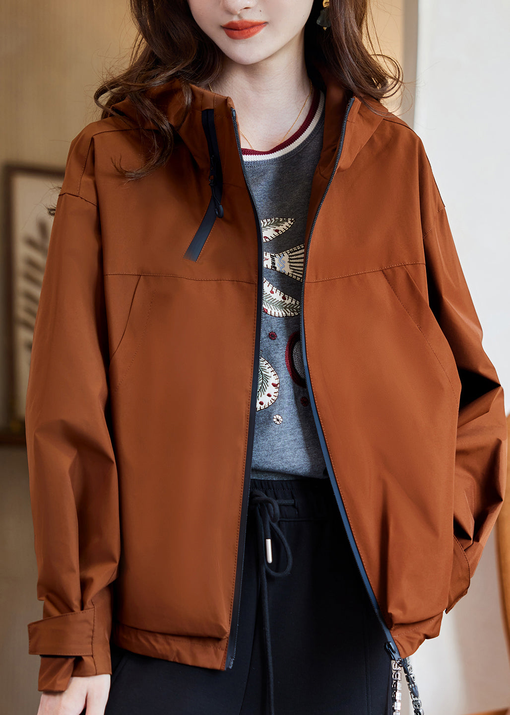 Caramel Zippered Patchwork Hooded Coats Fall