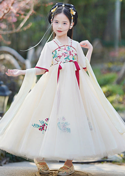 Champagne V Neck Embroideried Patchwork Tie Waist Tulle Long Dresses Summer