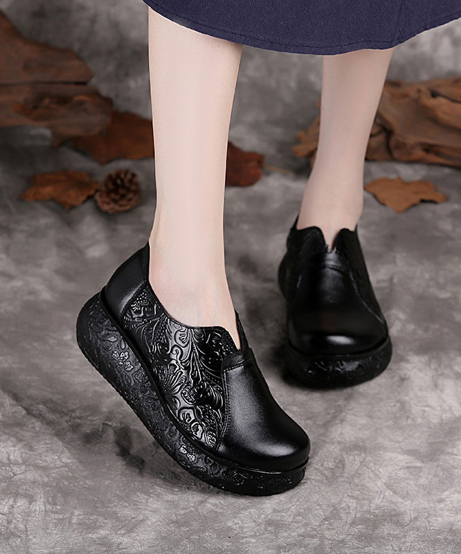 Chocolate Cowhide Leather Embossed High Wedge Heels Shoes