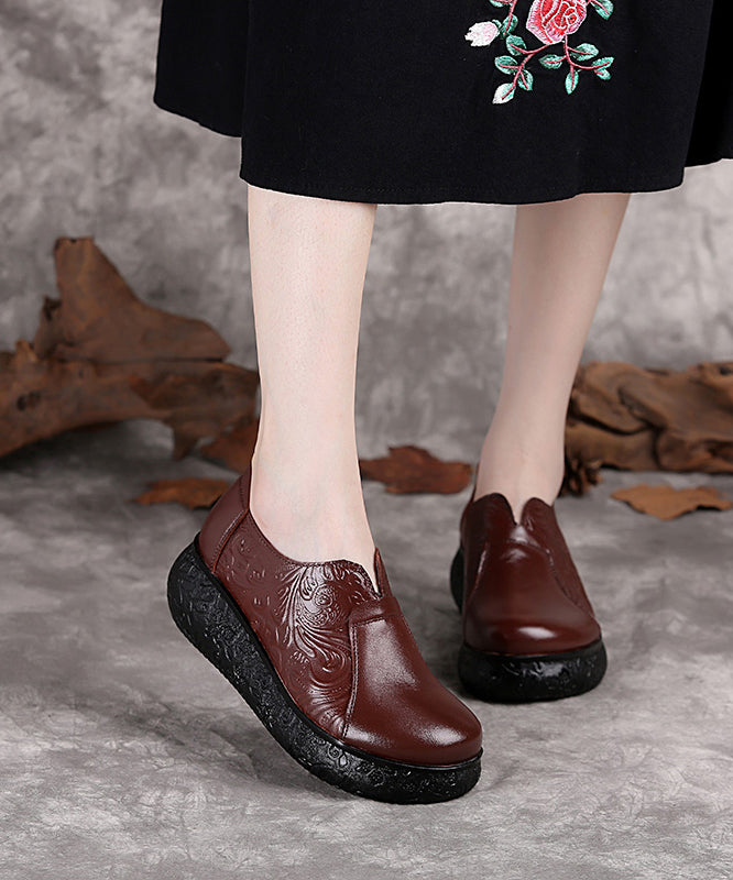 Chocolate Cowhide Leather Embossed High Wedge Heels Shoes