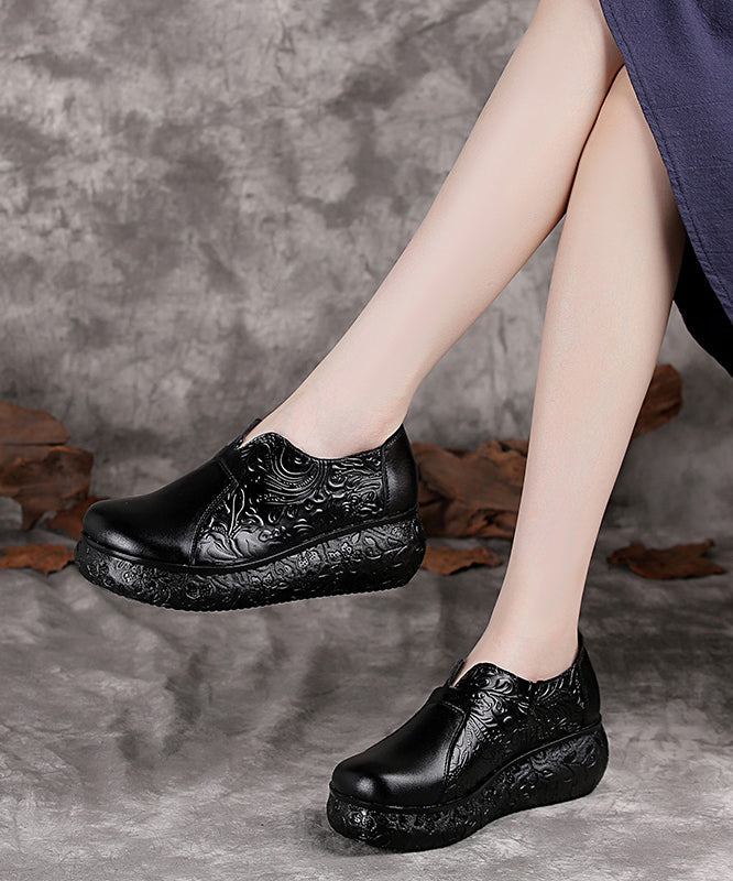 Chocolate Cowhide Leather Embossed High Wedge Heels Shoes