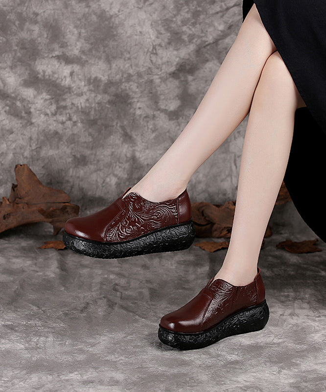Chocolate Cowhide Leather Embossed High Wedge Heels Shoes