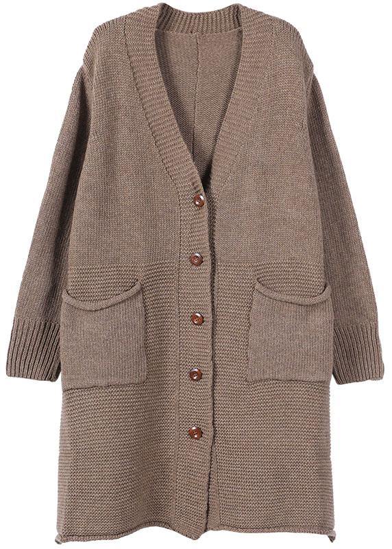 Chocolate V Neck Pockets Fall Long Sweater Coat