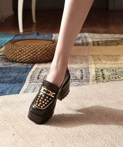 Chunky Platform Heels Black Cowhide Leather Rivet