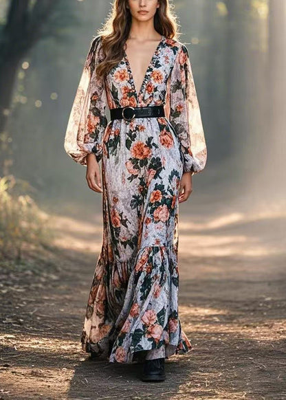 Cinched Print Cotton Long Dresses Spring