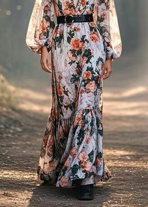 Cinched Print Cotton Long Dresses Spring