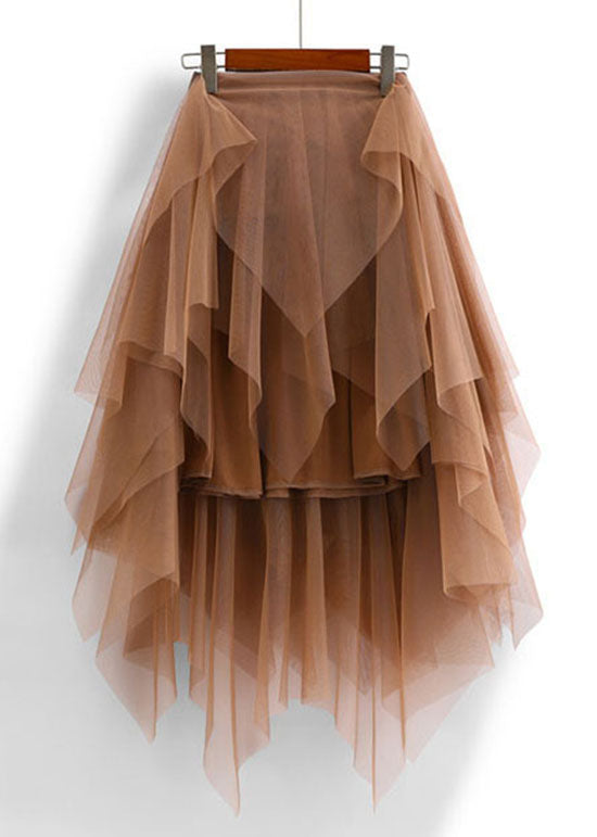 Chocolate Asymmetric Design Elastic Waist Tulle Skirts Spring