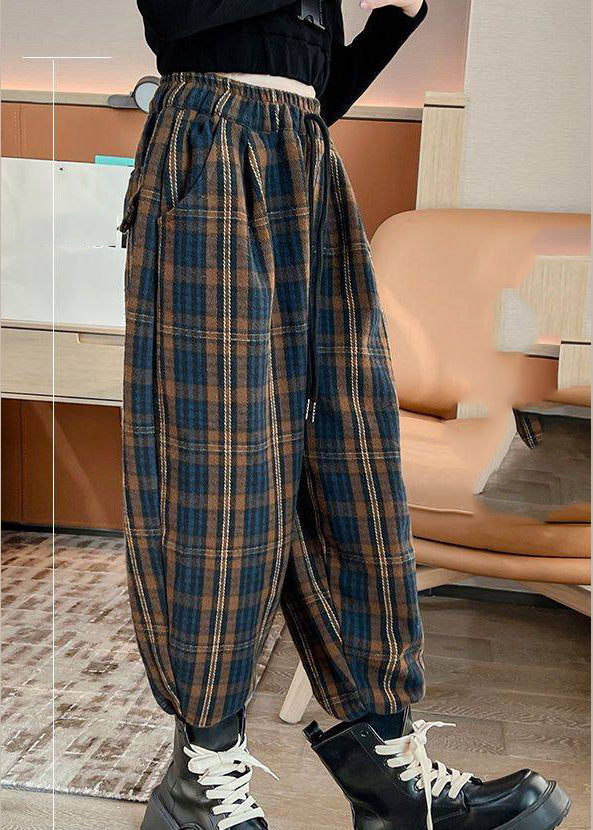 Chocolate Colour Elastic Waist Pockets Striped Beam Pants Fall