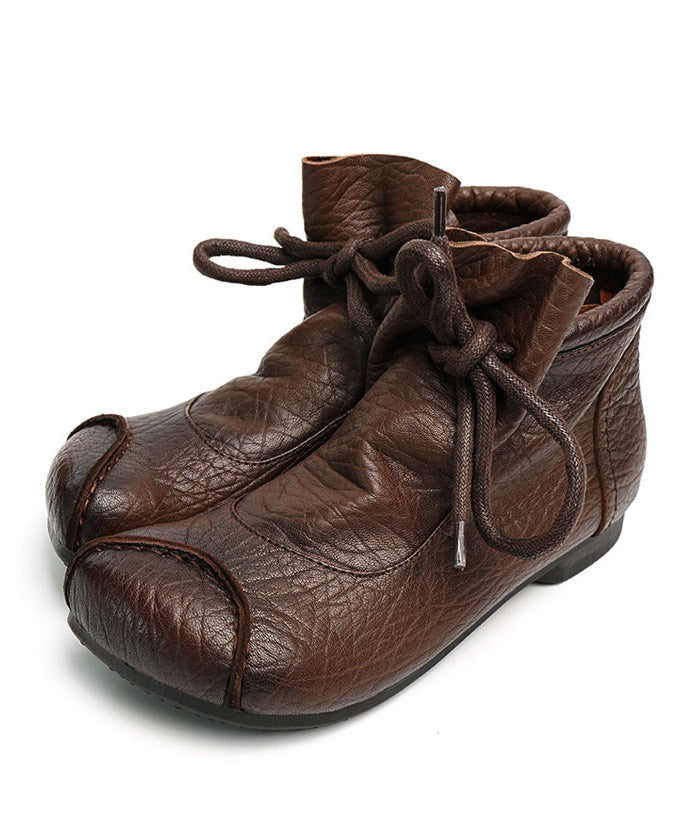 Chocolate Cowhide Leather Splicing Lace Up Ankle Boots