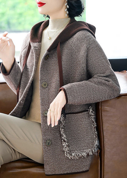 Coffee Drawstring Button Hooded Woolen Hooded Coats Fall