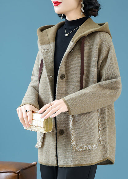 Coffee Drawstring Button Hooded Woolen Hooded Coats Fall