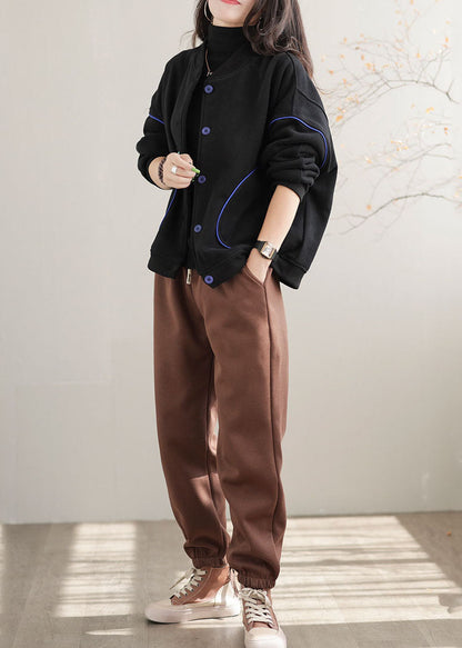 Chocolate Elastic Waist Oversized Warm Fleece Pants Winter