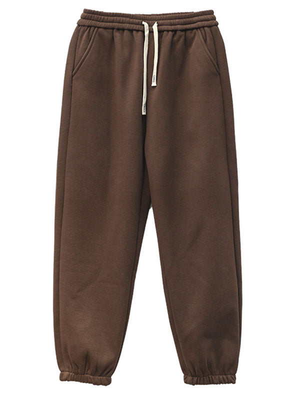 Chocolate Elastic Waist Oversized Warm Fleece Pants Winter