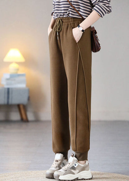 Coffee Elastic Waist Patchwork Drawstring Warm Fleece Pants Trousers Spring