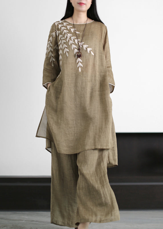 Chocolate Green O-neck Leaf Embroideried Side Open Linen Two Pieces Set Summer