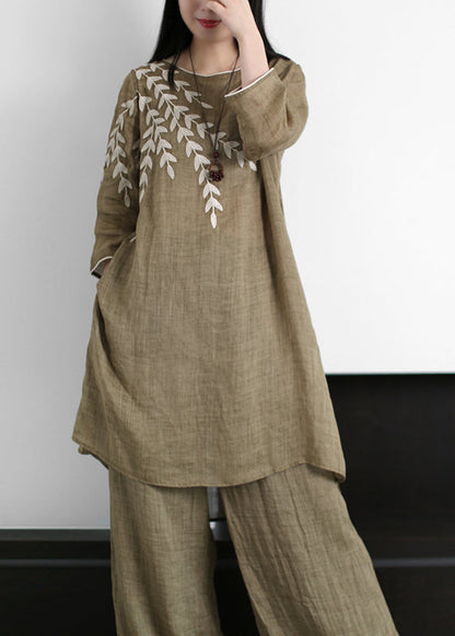 Chocolate Green O-neck Leaf Embroideried Side Open Linen Two Pieces Set Summer
