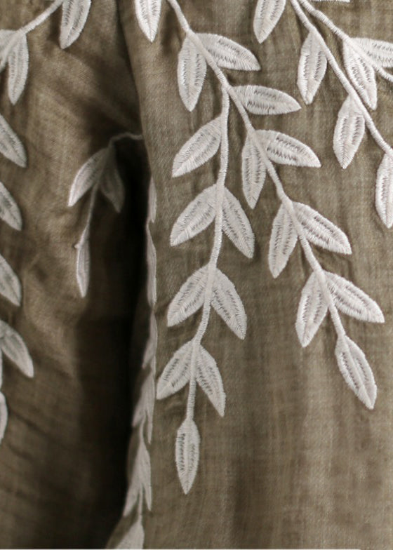 Chocolate Green O-neck Leaf Embroideried Side Open Linen Two Pieces Set Summer
