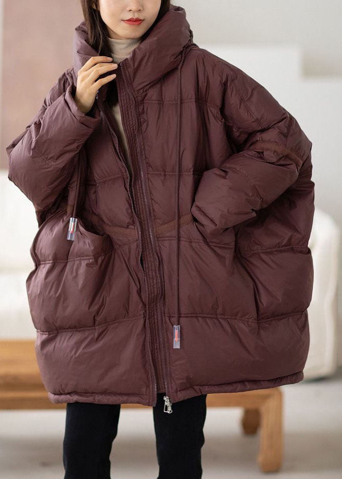 Chocolate Hooded Oversized Drawstring Thick Canada Goose Jacket Batwing Sleeve