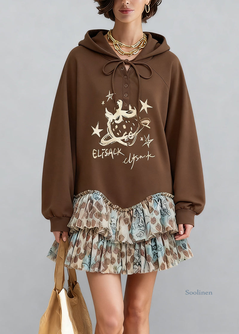 Coffee Hooded Print Tulle Patchwork Sweatshirt Dresses Spring