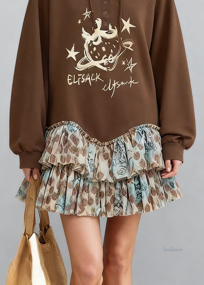 Coffee Hooded Print Tulle Patchwork Sweatshirt Dresses Spring