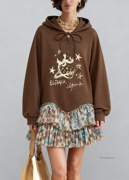 Coffee Hooded Print Tulle Patchwork Sweatshirt Dresses Spring