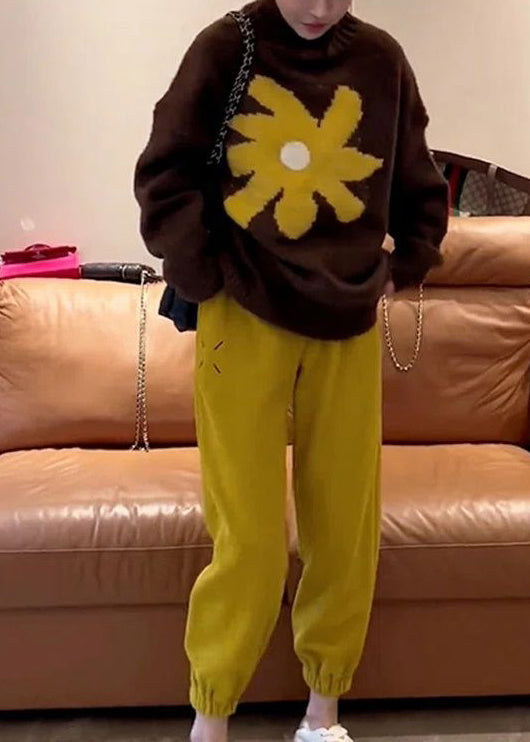 Coffee O Neck Knit Sweaters and Yellow Pants Two Pieces Set Fall