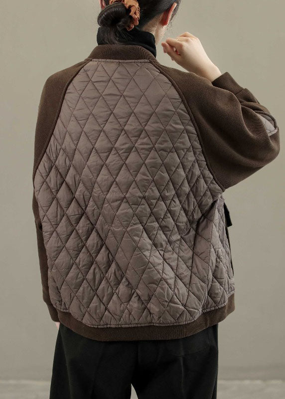 Coffee O-neck Plaid Patchwork Button Down Jackets Winter