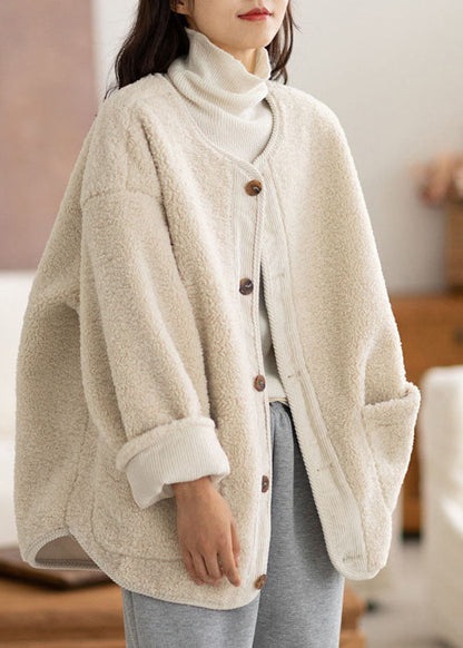 Coffee O-neck Pockets Button Warm Faux Fur Coats Long Sleeve