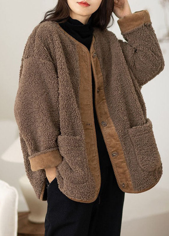 Coffee O-neck Pockets Button Warm Faux Fur Coats Long Sleeve