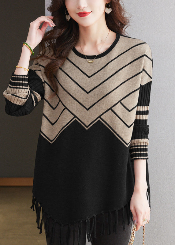 Coffee O Neck Tassel Woolen Sweater Tops Spring