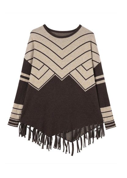 Coffee O Neck Tassel Woolen Sweater Tops Spring