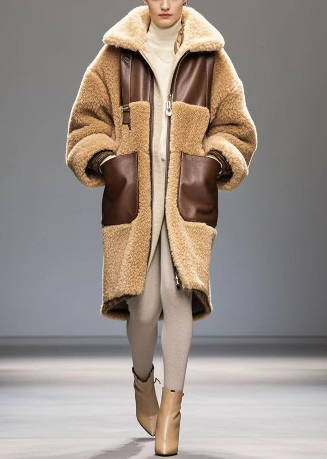 Coffee Oversized Patchwork Fleece Wool Trench Winter