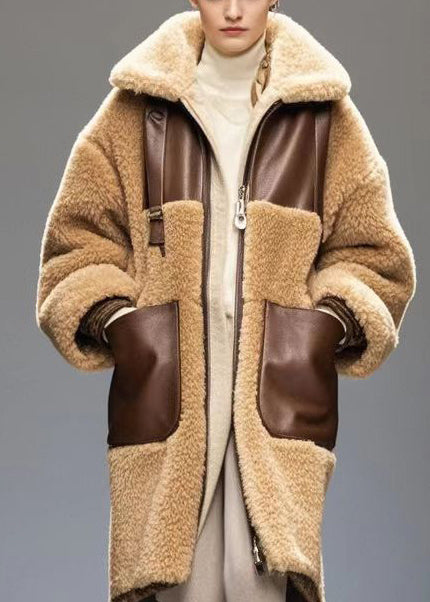 Coffee Oversized Patchwork Fleece Wool Trench Winter