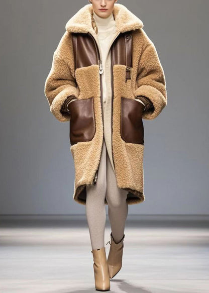Coffee Oversized Patchwork Fleece Wool Trench Winter