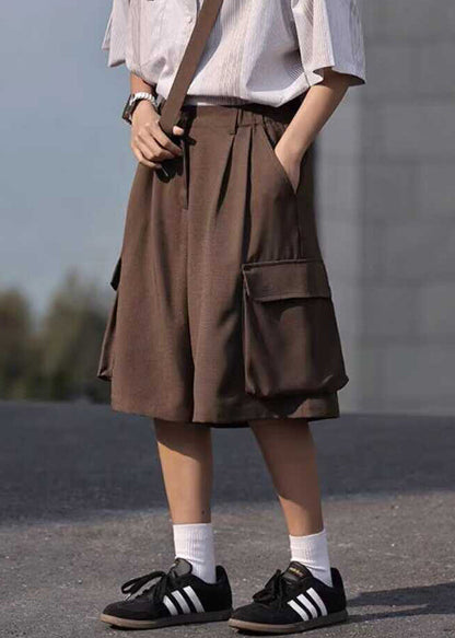 Coffee Patchwork High Waist Crop Pants Summer