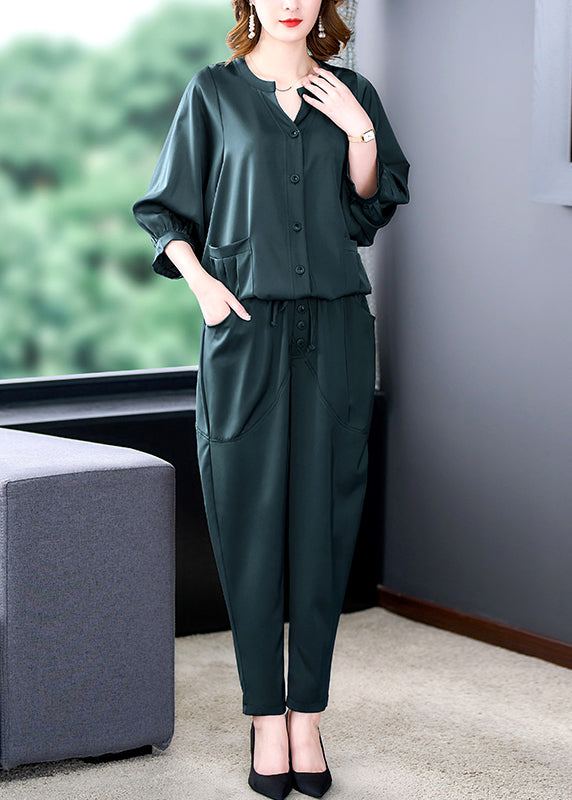 Coffee Patchwork Pockets Top and Harem Pants Two Pieces Set Bracelet Sleeve