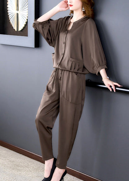 Coffee Patchwork Pockets Top and Harem Pants Two Pieces Set Bracelet Sleeve