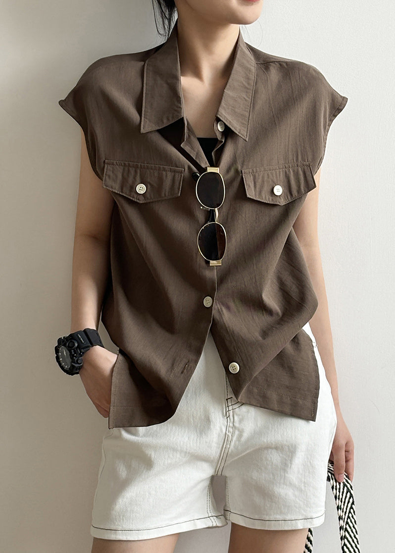 Coffee Peter Pan Collar Button Cotton Shirt Tops Summer
