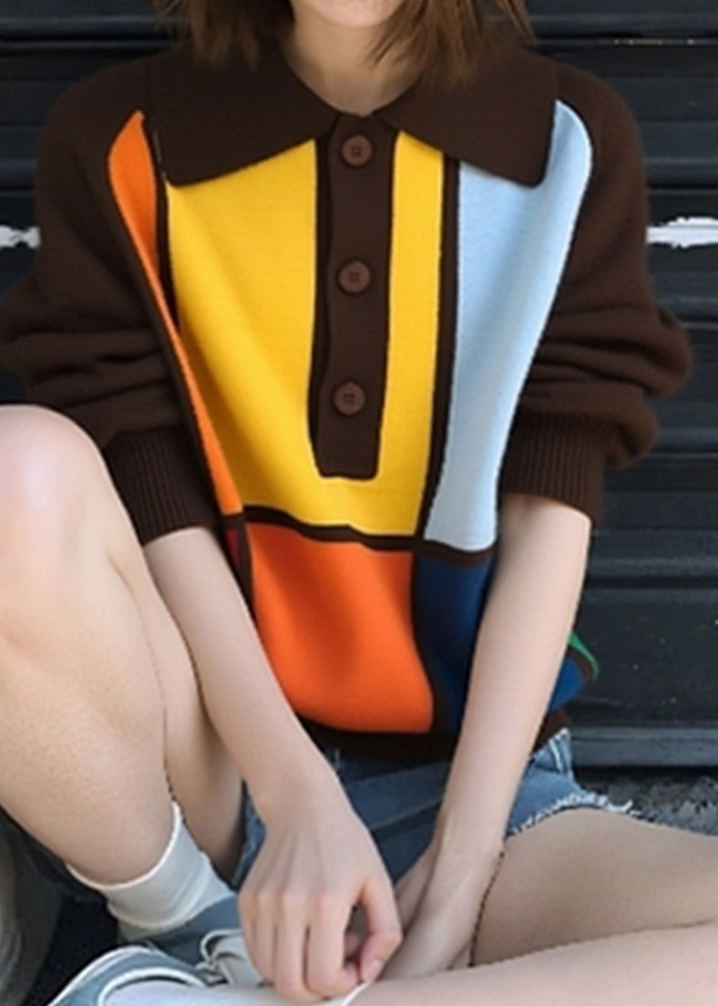 Coffee Peter Pan Collar Button Patchwork Knit Sweaters Fall