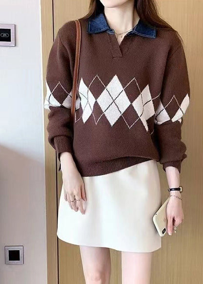 Coffee Peter Pan Collar Geometric Patchwork Knit Blouses Fall