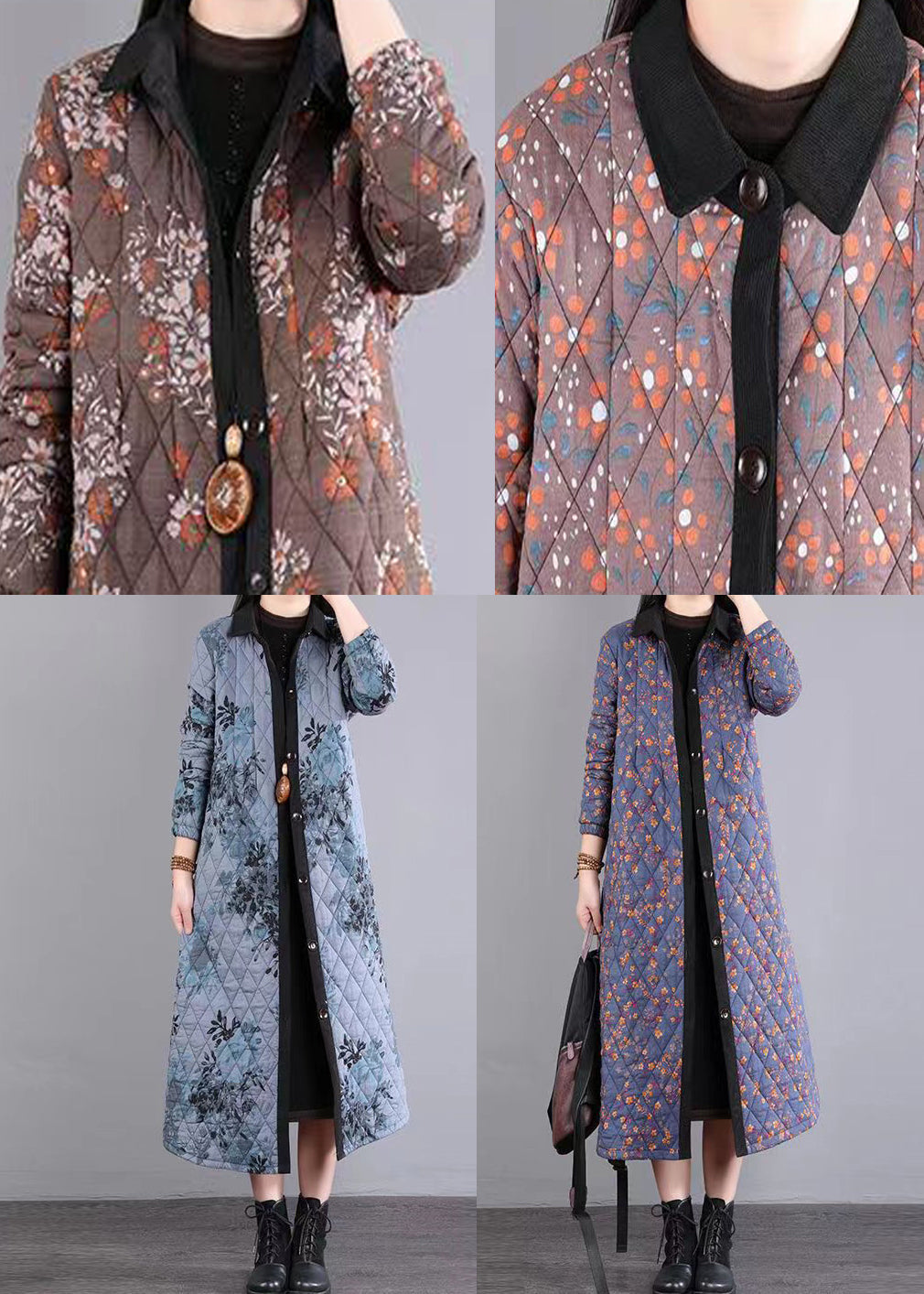 Coffee Peter Pan Collar Patchwork Fine Cotton Filled Coats Winter