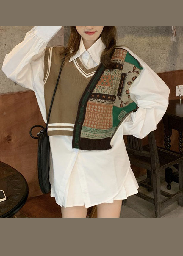 Chocolate Peter Pan Collar Patchwork Vest Shirt Top Spring