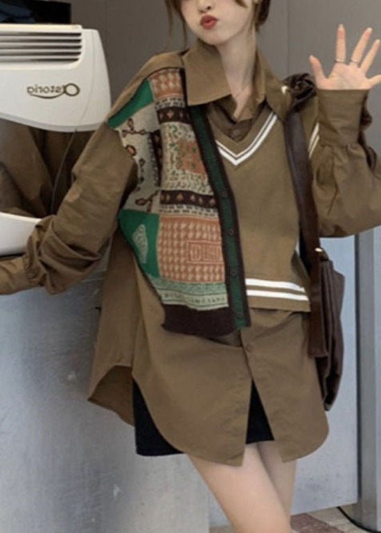 Chocolate Peter Pan Collar Patchwork Vest Shirt Top Spring