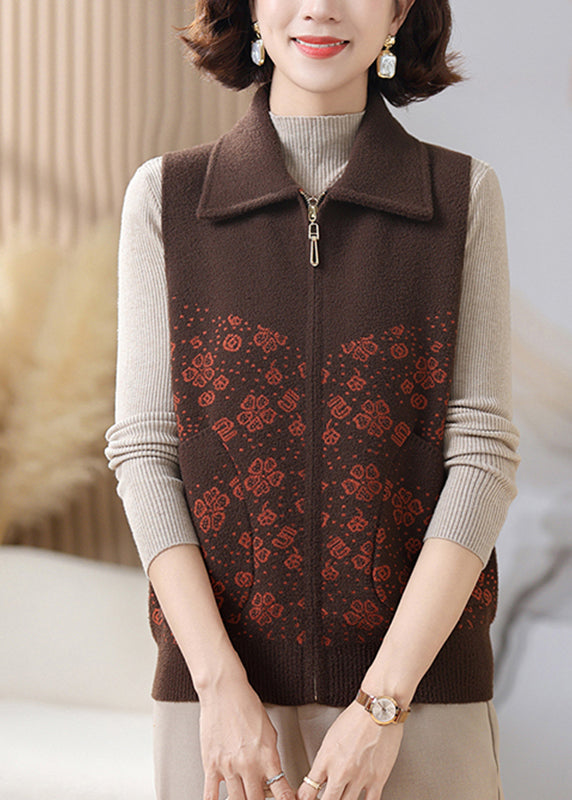 Coffee Peter Pan Collar Pockets Knit Waistcoat Sleeveless