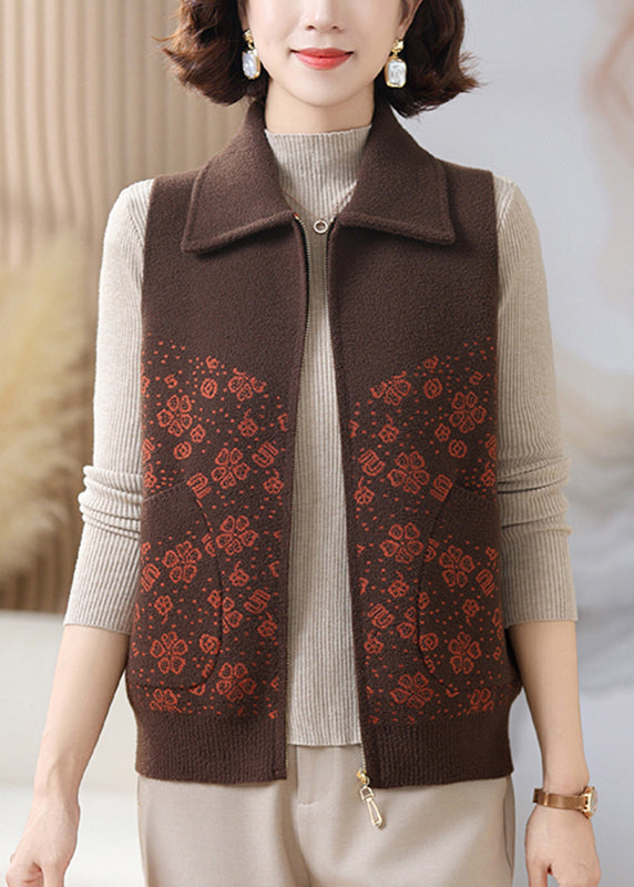 Coffee Peter Pan Collar Pockets Knit Waistcoat Sleeveless